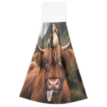 Imagem de Engraçado highland vaca pato outono pendurado prato toalhas de mão forno gravata toalha de prato decorativa ultra absorvente para cozinha conjunto de 2, 18,2 x 14 polegadas