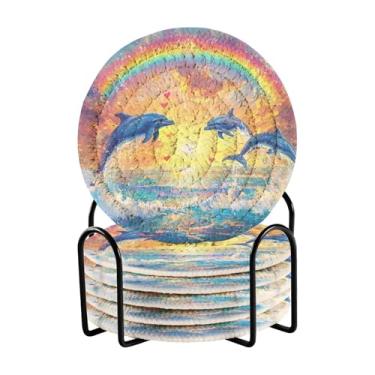 Imagem de Uma cena vibrante de golfinhos pulando alegremente em conjunto de 6 porta-copos redondos com rack de armazenamento preto porta-copos de mesa de centro