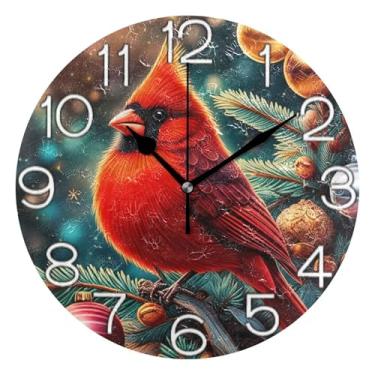 Imagem de GAIGEO Relógio de parede analógico decorativo relógio de cozinha rústico redondo sem tique-taque silencioso, decoração de parede moderna para sala de estar, arte de pássaro vermelho de Natal, 25 cm
