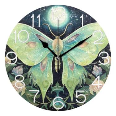 Imagem de GAIGEO Relógio de parede analógico decorativo relógio de cozinha rústico estético silencioso sem tique-taque, decoração de parede moderna para sala de estar, Luna Moth floral, 25 cm, ponteiros pretos