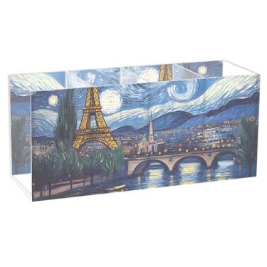 Imagem de TSENQUE Porta-lápis de mesa para pintura noturna estrelada de Paris fofo e divertido suporte de pincel de acrílico para caneta