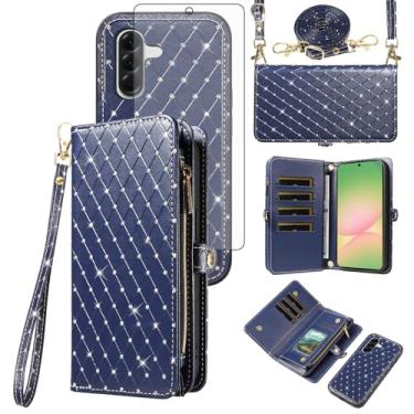 Imagem de Capa de celular para Samsung Galaxy A36 5G Carteira com zíper destacável com protetor de tela transversal alça de cordão Bling Glitter Flip porta-cartões A 36 36A LTE SM-A366U mulheres meninas azul