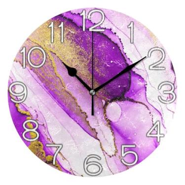 Imagem de GAIGEO Relógio de parede analógico decorativo para sala de aula, relógio de escritório operado por bateria, arte de parede boho decoração de casa arte abstrata roxa dourada, 25 cm, ponteiros pretos