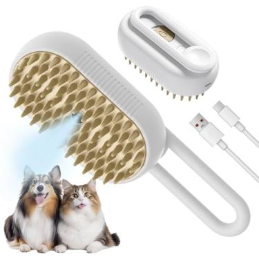 Imagem de LunaSync Escova a vapor 4 em 1 recarregável para gatos e cães, ferramenta antiestática com massagem e limpeza, pente para cabelos longos e curtos - Branca