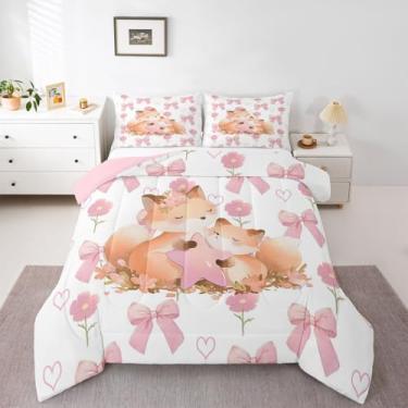 Imagem de Erosebridal Conjunto de cama solteiro com laço rosa e fita de raposa, desenho kawaii, com laço, para adolescentes, meninas, mulheres, decoração de quarto, coração, floral, edredom