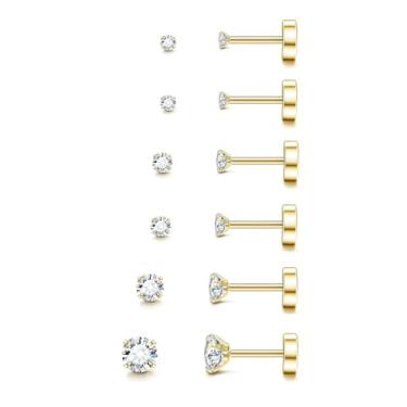 Imagem de Conjunto de 3 a 5 pares de brincos quadrados para homens e mulheres, brincos de zircônia cúbica transparente preenchidos com ouro 14 K, hipoalergênicos, de aço cirúrgico, com costas planas para