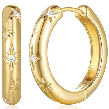 Imagem de Brincos de argola de ouro 14K pequenos brincos de argola grossa de ouro 14 quilates brincos de argola de diamante design de estrela e flor 24 * 4,5 mm-1, 24MM, Ouro amarelo, Sem pedra preciosa