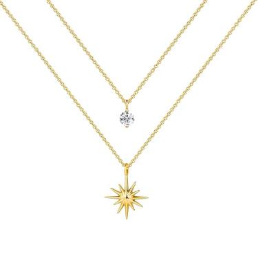 Imagem de Poxtex Colares de diamante para mulheres, não mancha, colar delicado de ouro 14 K, corrente gargantilha de prata com pingente duplo, conjuntos de joias de zircônia cúbica simples em camadas, presentes