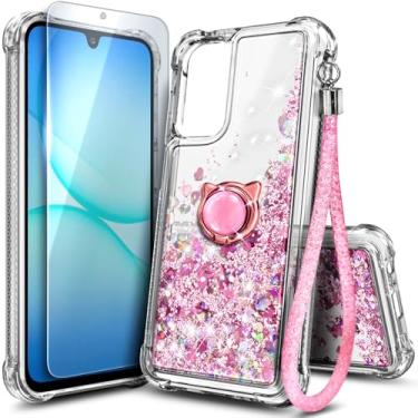 Imagem de WDHD Capa de telefone compatível com Samsung Galaxy A26-5G ouro rosa | Cascata líquida flutuante brilhante brilhante para mulheres meninas crianças com suporte de anel cordão de pulso de diamante