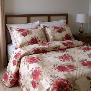 Imagem de Colcha Queen Kit 3 Peças Cobreleito Vermelho Antialérgico Algodão Percal - Conforto e Sofisticação para Seu Quarto (Floral Vermelho)