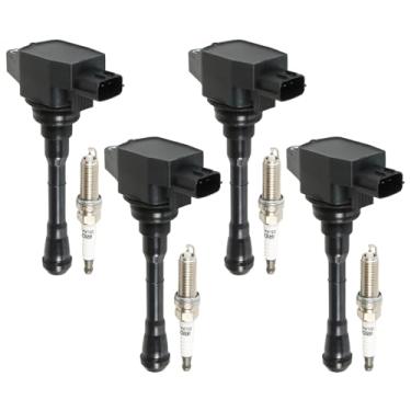 Imagem de YOMALL 4 peças de bobinas de ignição UF659 e 4 peças de bobinas de ignição de irídio pacote serve para 2011 2012 2013 2014 2015 2016 2017 Juke 1.6L, 224481KC0A conjunto de bobinas peças de reposição