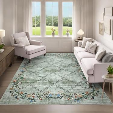 Imagem de GarveeHome Tapetes laváveis à máquina, tapete floral moderno, 12 x 18 cm, para quarto, pelo baixo, macio, antiderrapante, tapetes finos para berçário, sala de estar, lavanderia