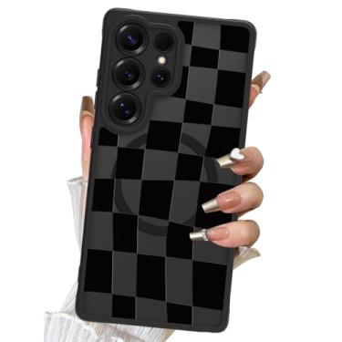 Imagem de DOTARA Capa magnética para Samsung Galaxy S25 Ultra de 6,9 polegadas, compatível com Magsafe preto quadriculado padrão quadriculado translúcido fosco câmera à prova de choque capa de telefone fina