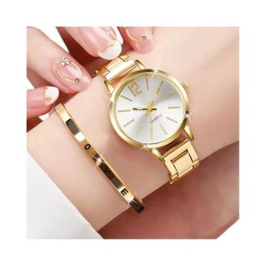 Imagem de Conjunto De Relógio De Pulso Feminino De Quartzo Dourado Com 2 Peças, 