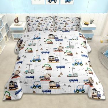 Imagem de Feelyou Conjunto de edredom solteiro de veículos de construção, escavadeira, para crianças, meninos, meninas, equipamentos, caminhões, edredom para decoração de quarto, microfibra, 2 peças com 1