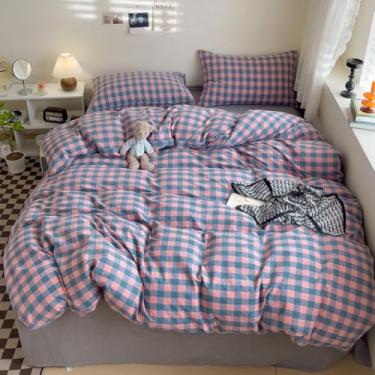 Imagem de DONUES Conjunto de capa de edredom xadrez, tamanho solteiro, 100% algodão lavado, reversível, roxo, rosa, quadriculado, capa de edredom quadriculada com 2 fronhas (solteiro 173 x 228 cm, edredom não