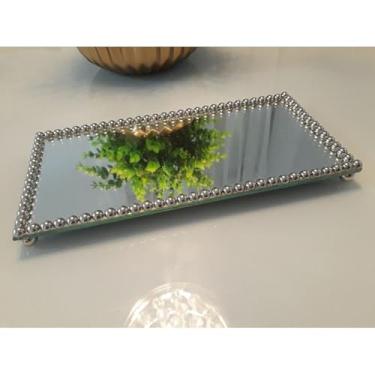 Imagem de Bandeja Espelhada Decorativa Luxo com Pérolas e Strass para Sala Lavabo e Banheiro – Bandeja Decorativa Retangular (Perola Prata,G 30 × 20)