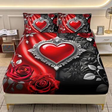 Imagem de AILONEN Jogo de lençol solteiro vermelho e preto, coração de amor 3D, rosa gótica, estampado, dia dos namorados, lençol com bolso profundo com 2 fronhas, 3 peças