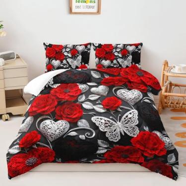 Imagem de AILONEN Jogo de cama Queen com estampa floral de rosa vermelha e preta, estampa de flores de renda para mulheres, meninas, 3 peças, colcha de borboleta e corações com 2 fronhas