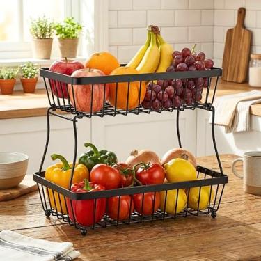 Imagem de Kit Fruteira De Mesa Com 2 Cestos Empilháveis | Organizador De Mesa Para Frutas E Legumes, Organização De Cozinha, Design Moderno, Estrutura Em Ferro Resistente, Montagem Fácil.