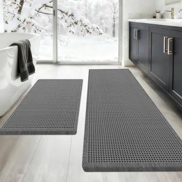 Imagem de Conjunto de tapetes de banheiro de waffle atualizados, 2 peças, cinza, super absorvente, antiderrapante, secagem rápida, com borlas, laváveis na máquina, tapetes de banho boho ultra macios para chão