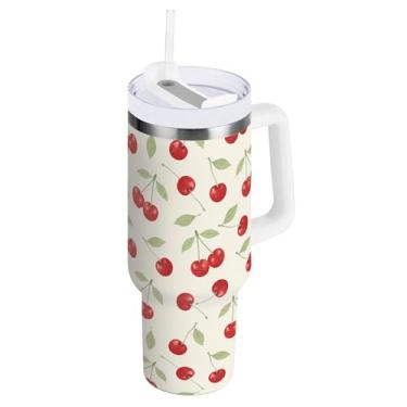 Imagem de SEHANY Copo de cereja fofo de 1,134 g com alça, copo isolado de aço inoxidável de parede dupla, à prova de vazamento, caneca de café isolada para viagem, cabe no suporte de copo de carro