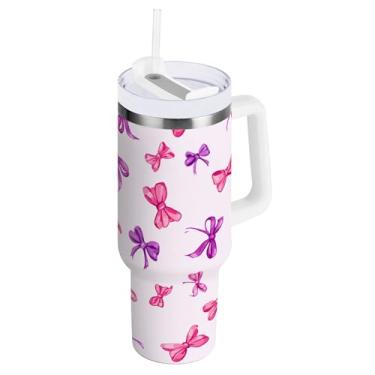 Imagem de SEHANY Copo fofo com laço rosa de 1,134 g com alça, copo isolado de aço inoxidável a vácuo de parede dupla, à prova de vazamento, caneca de café isolada para viagem cabe no suporte de copo de carro