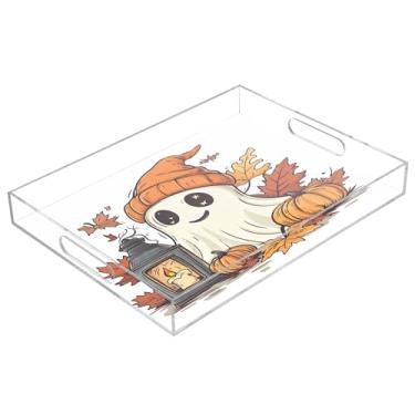 Imagem de xigua Bandeja de servir de acrílico fantasma de Halloween com alças à prova de derramamento, bandejas decorativas de festa de Halloween, bandeja organizadora de bancada para banheiro, cozinha, 30,5 x