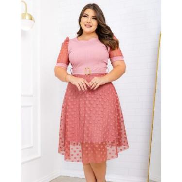 Imagem de Vestido Mídi Manga Princesa tule Poa Forrado Canelado com Cinto no Mei