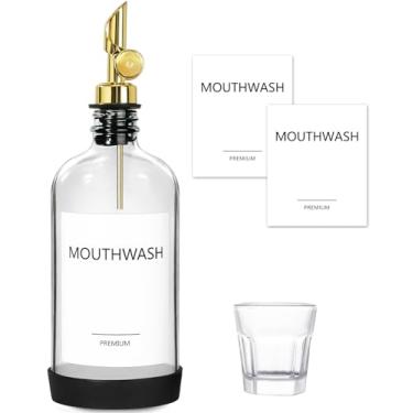 Imagem de TOLDATLI Dispensador de enxaguante bucal para banheiro, 1 pacote de recipiente de vidro para lavagem bucal com copo e almofada de silicone, conjunto de garrafa decantador de enxaguante bucal de 43 ml