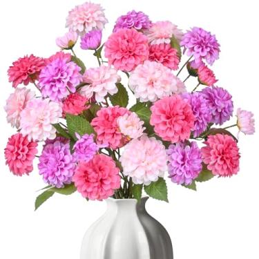 Imagem de 12 peças de flores artificiais falsas para mães com hastes longas bola crisântemo flores de seda sintética para vaso arranjos florais para primavera, decoração de casa, centros de mesa para decoração
