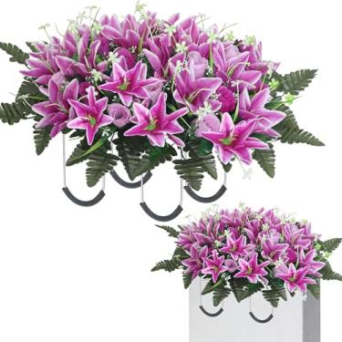 Imagem de IDMOP Flores artificiais de cemitério para túmulos – sela realista de flores de rosa e lírio, resistente a UV e flores em memória sem desbotamento para lápides, Natal, Dia dos Namorados, decoração do