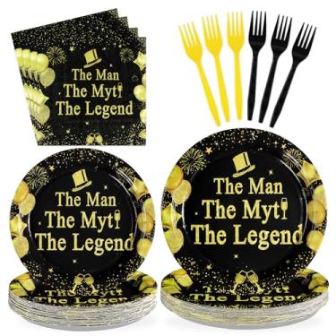 Imagem de Greencian 96 Pcs The Man The Myth The Legend Party Supplies Black and Gold Plates and Napkins Disposable Men's Birthday Tableware Set for Father's Day Retirement Party Decorations Serves 24