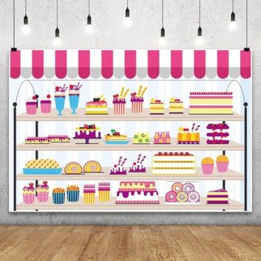 Imagem de Pano de fundo para fotos de 1,8 x 1,2 m de loja de bolos de desenho animado sobremesas doces para chá de bebê recém-nascido, confeitaria, loja de padaria, decoração de festa de 1º aniversário
