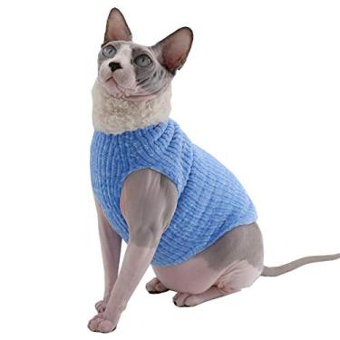 Imagem de Sphynx Roupas para gatos de inverno quente suéter de pele sintética, casaco fashion de gola alta para gatos pijamas para gatos e roupas de cães pequenos, blusas de moletom sem pelos para gatos (GG (4,5 a 6 kg), azul celeste)