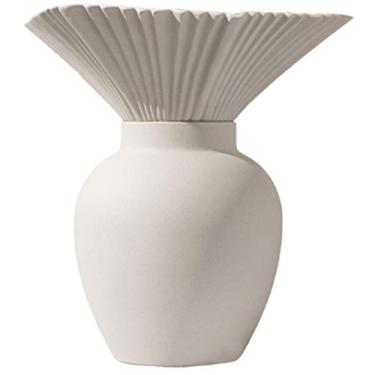 Imagem de Frasco de flores em forma de plissado, vasos de cerâmica branca, decoração de mesa fosca simples, ornamentos de sala de estar moderna, para estante de fazenda (cor: branco, 尺寸 Tamanho: 26 * 28 cm)