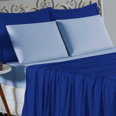 Imagem de Jogo De Cama Casal Nobre 4 Peças Lençol Com Elástico De 30cm De Altura Malha 100% Algodão - Royal / Azul-bebê