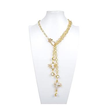 Imagem de DWBPGVUN Joias de água doce branca de forma livre Keshi barroca pérola banhada a ouro colar de corrente Lariat para mulheres