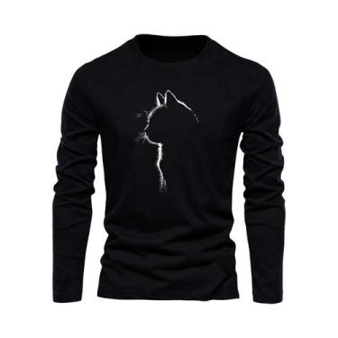 Imagem de Camiseta Masculina De Algodão Com Estampa De Gato, Manga Longa, Gola R