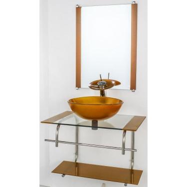 Imagem de Gabinete De Vidro Banheiro Inox 60Cm Cuba Redonda Dourado