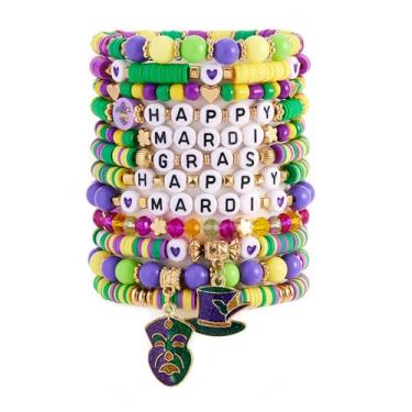 Imagem de Pulseira de carnaval com contas elásticas empilháveis de carnaval com contas de letras e chapéu de máscara, berloques, acessórios de joias de fantasia de festa (12 peças)