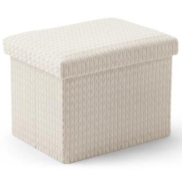 Imagem de Thyle Otomano decorativo de armazenamento com pequeno banco de descanso para os pés sob a mesa, apoio para os pés curto, dobrável, tecido de veludo cotelê, 40 x 30 x 30 cm (bege)
