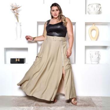 Imagem de Saia Longa Tipo Godê com Bolso Fenda Zíper E Cinto Plus Size Cor:NudeT