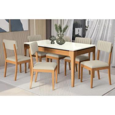 Imagem de Conjunto Mesa Mira Premium Madeira Maciça c/ Tampo Madeirado c/ Vidro 160x90cm e 6 Cadeiras Telma Carvalho/Off White - Linho Bege Areia Kappesberg