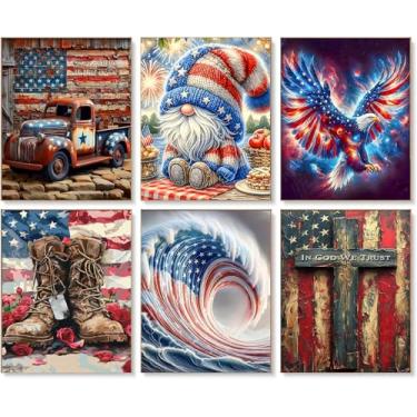 Imagem de Clendo Pacote com 6 kits de arte de diamante do Dia da Independência para adultos - 4 de julho, pintura patriótica de diamante para adultos, kit de pintura de pedras preciosas com pontos de diamante