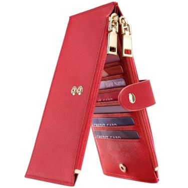 Imagem de Carteira feminina RFID Travelambo Tamanho grande, dobrável, para vários cartões, com zíper, porta-cartões de crédito, Vermelho, one size, Minimalista