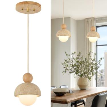 Imagem de ALAISLYC Luzes pendentes de pedra caverna natural ilha de cozinha japonesa wabi sabi luminária pendente com placa de teto de madeira lâmpada suspensa para corredor, quarto, sala de jantar, 2 peças