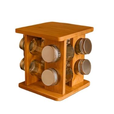 Imagem de Porta Condimentos Giratório com 8 Potes de Vidro – Organizador de Temperos em Bambu com Tampa Inox