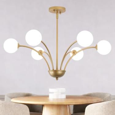 Imagem de MPDITO Lustre dourado moderno de 75,4 cm 6 luzes moderno vintage lustre dourado lustre de vidro rústico para sala de jantar, ilha de cozinha, quarto, sala de estar, hall de entrada, G9