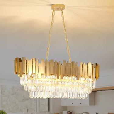 Imagem de MSSIAN Lustre retangular moderno lustre de cristal dourado de luxo, base E12 oval contemporânea, luz pendente de teto linear para sala de estar, sala de jantar, entrada L32 pol
